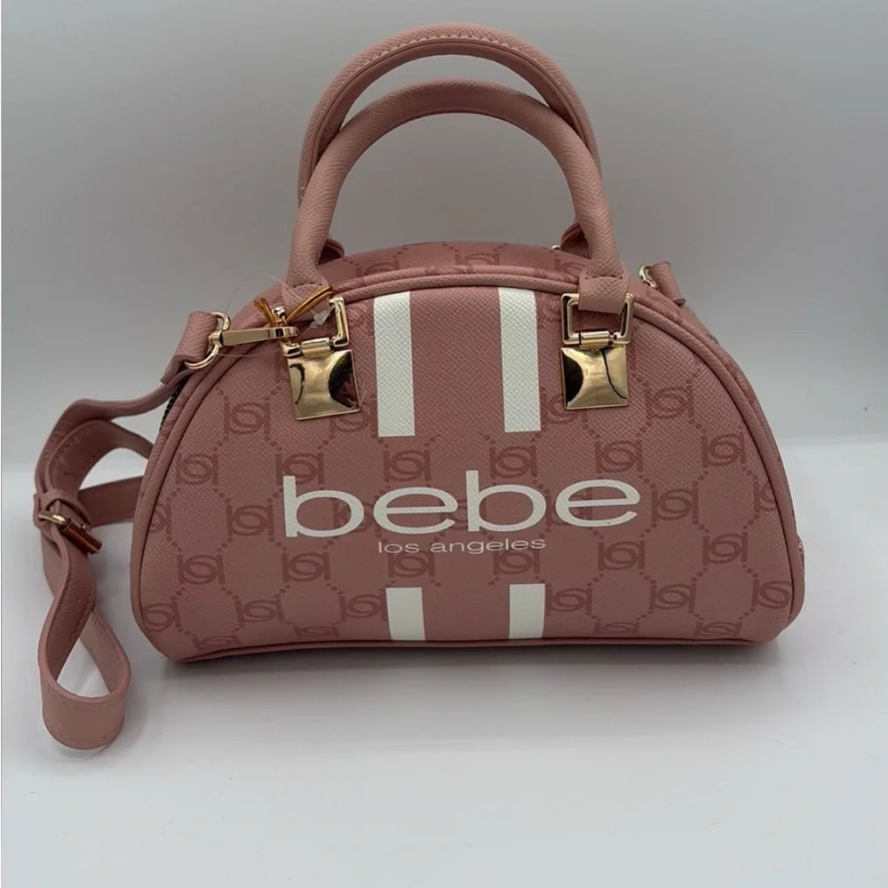 Bebe Los Angeles Pink Monogram Satchel Crossbody Bag with Coin Purse Rose Stripe